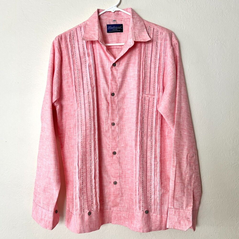Vintage Guayamisas Guayabera Pink Slub Linen Shirt with Cigar Pocket Size 38/M